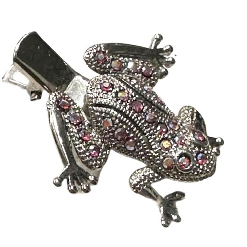 Elegant silver color frog hairpin with sparkling pink gemstones